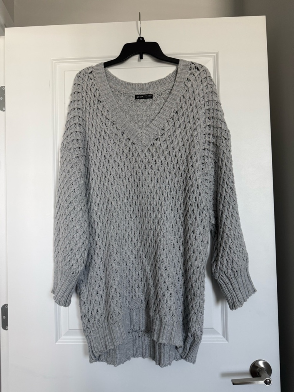 Chunky Oversized V-Neck Open Knit Sweater - Light Gray